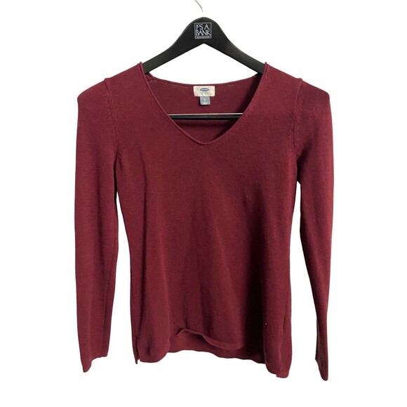 Old Navy Sweater Womens Small Burgundy V Neck Long Sleeved Tight Knit Pullover - Picture 1 of 4